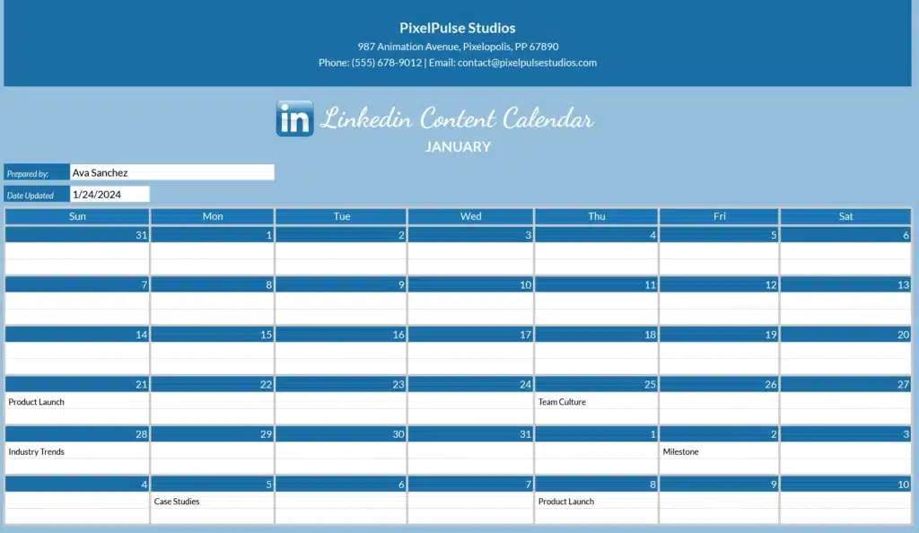 Linkedin Content Calendar template