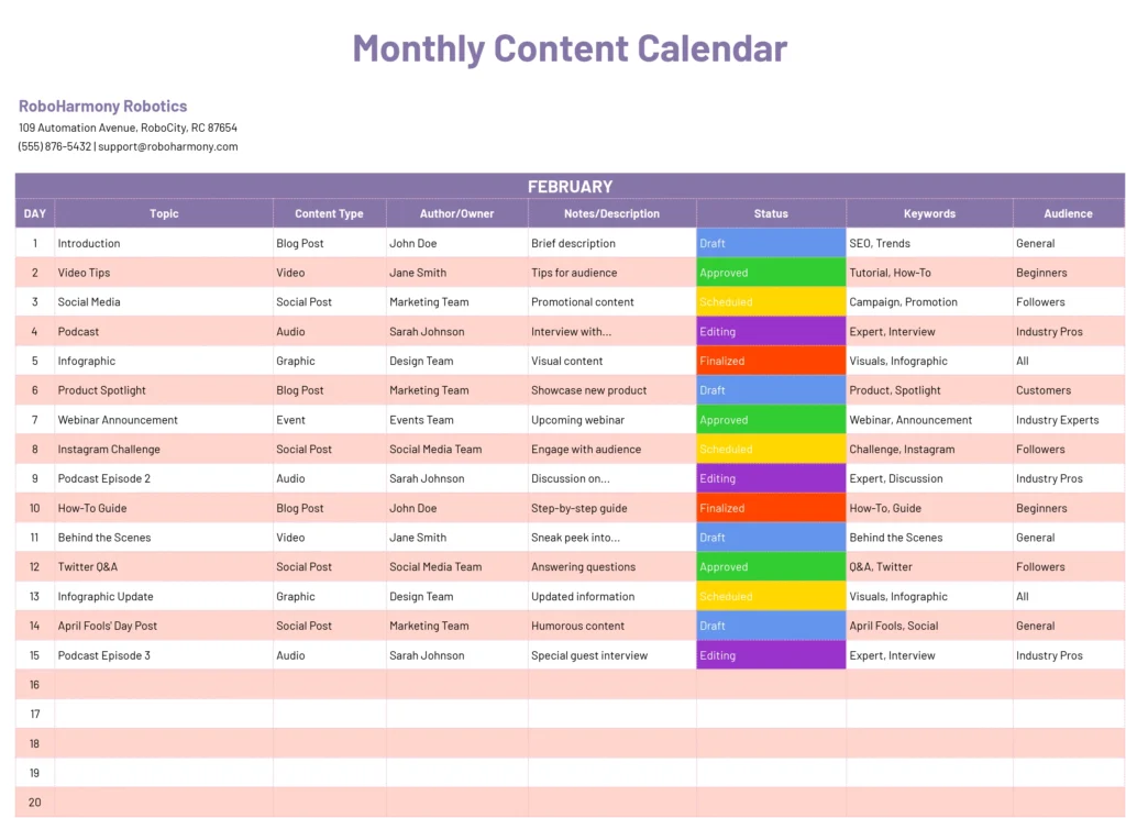 Monthly Content Calendar template