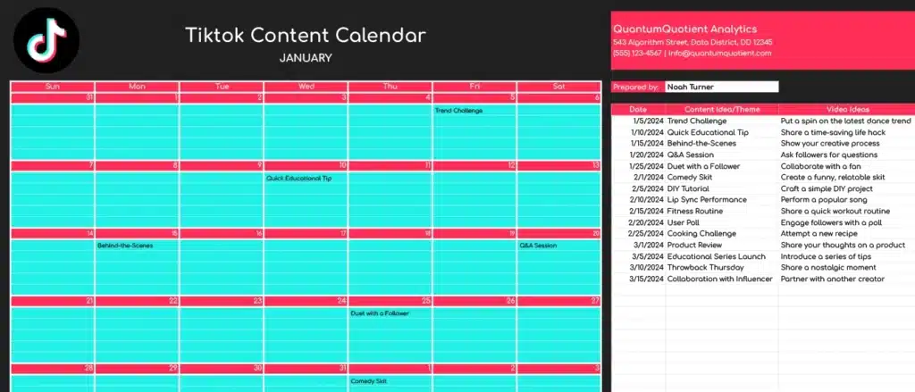 Tiktok Content Calendar template