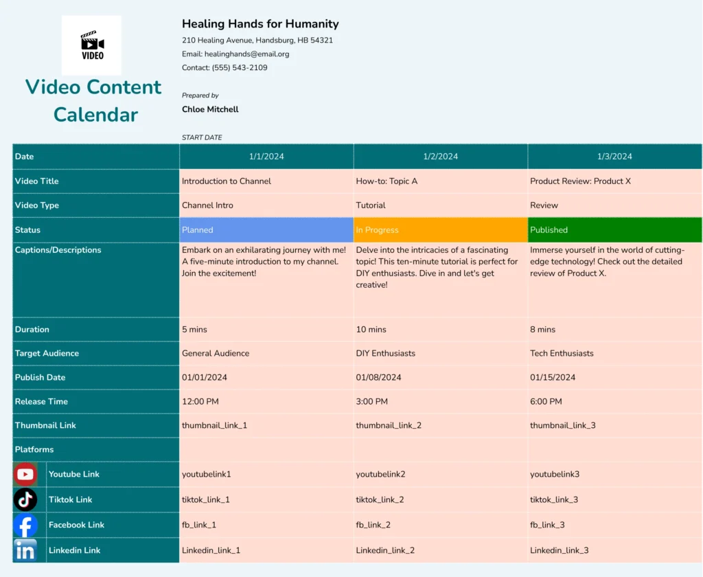 Video Content Calendar template