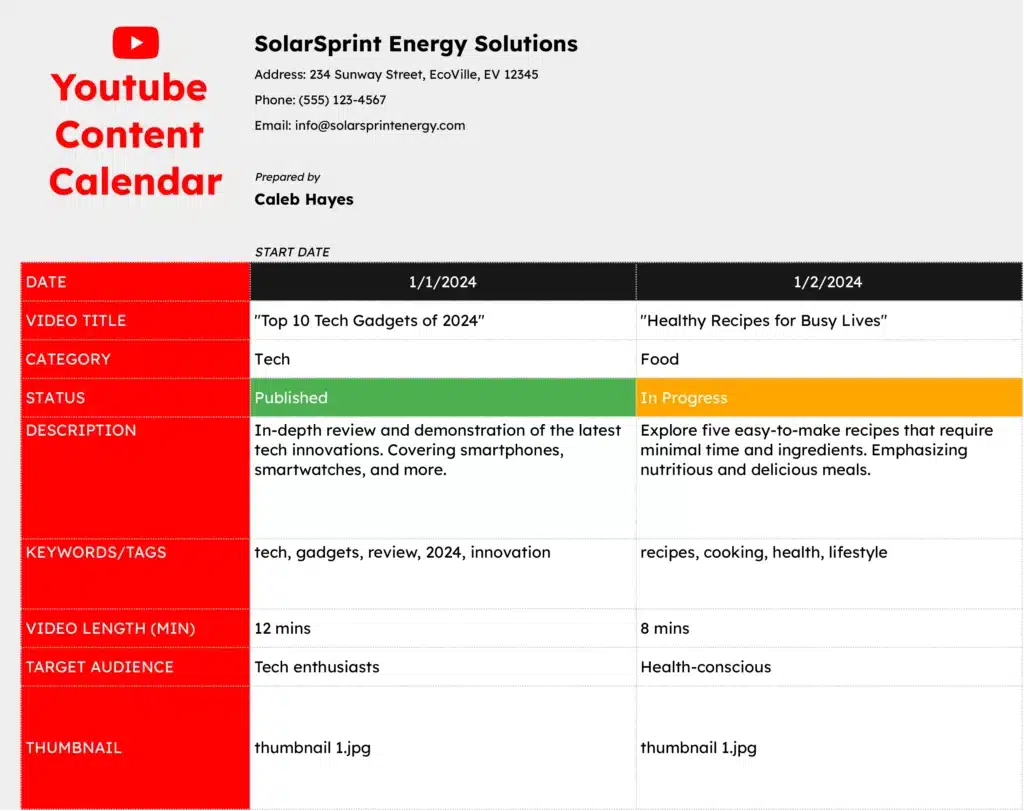 Youtube Content Calendar template