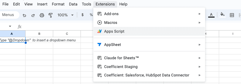 Accessing the Apps Script editor via the Extensions and App Script path in Google Sheets.