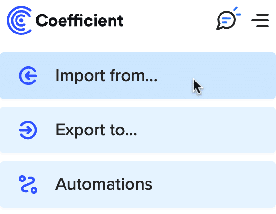 Accessing the 'Import from...' option in the Coefficient menu in Google Sheets for Harvest.