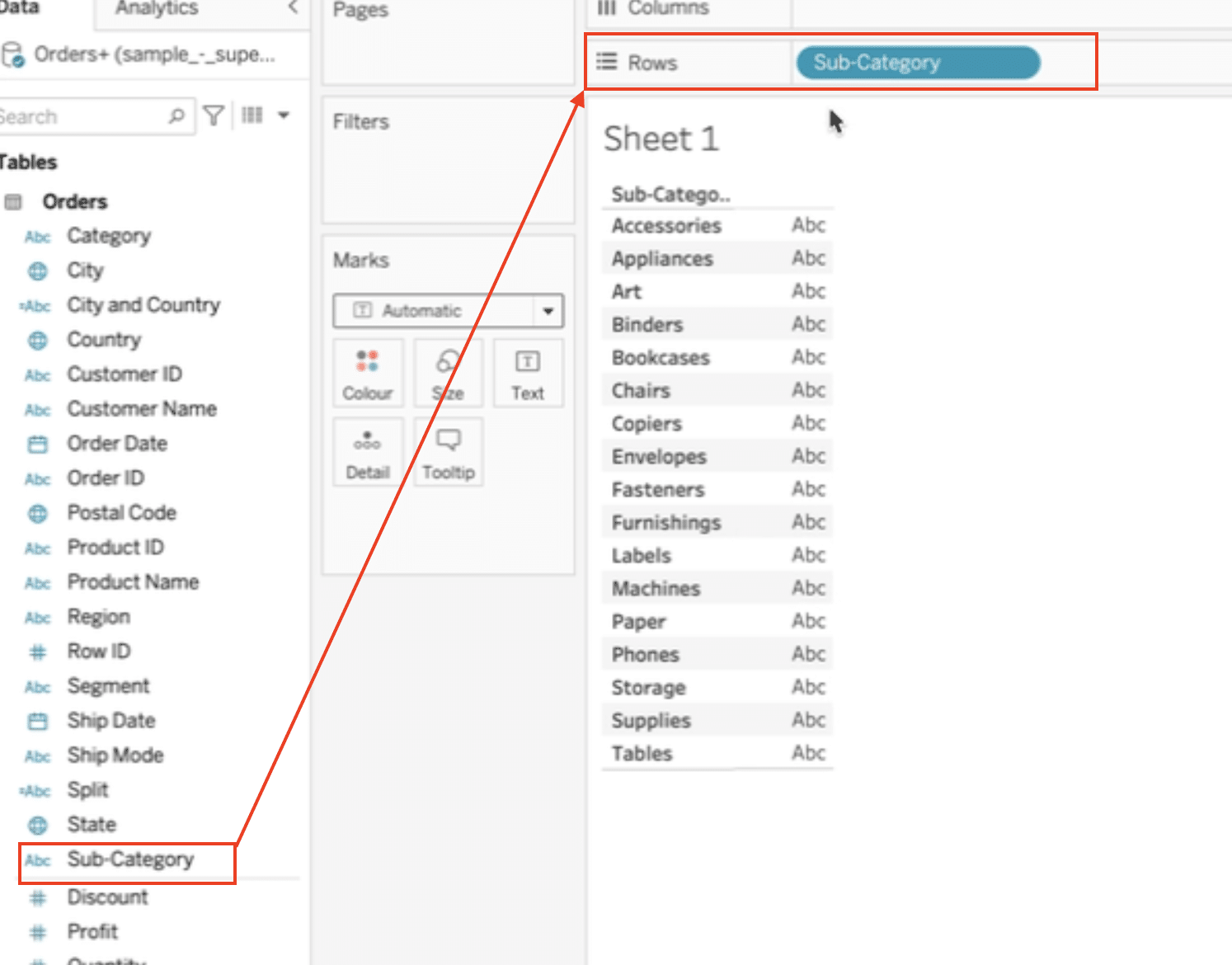Adding the Order Date dimension to the Columns shelf in the Tableau worksheet.