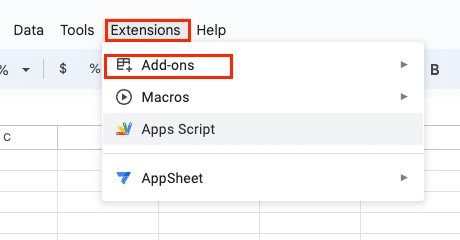 Clicking on "Extensions" in the top menu, then "Add-ons" > "Get add-ons."