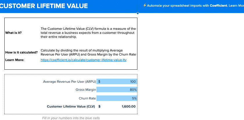 Coefficient's Customer Lifetime Value (CLV) template for calculating and optimizing customer relationships in a SaaS business.