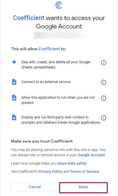 The Coefficient authorization prompt with the Allow button highlighted. 