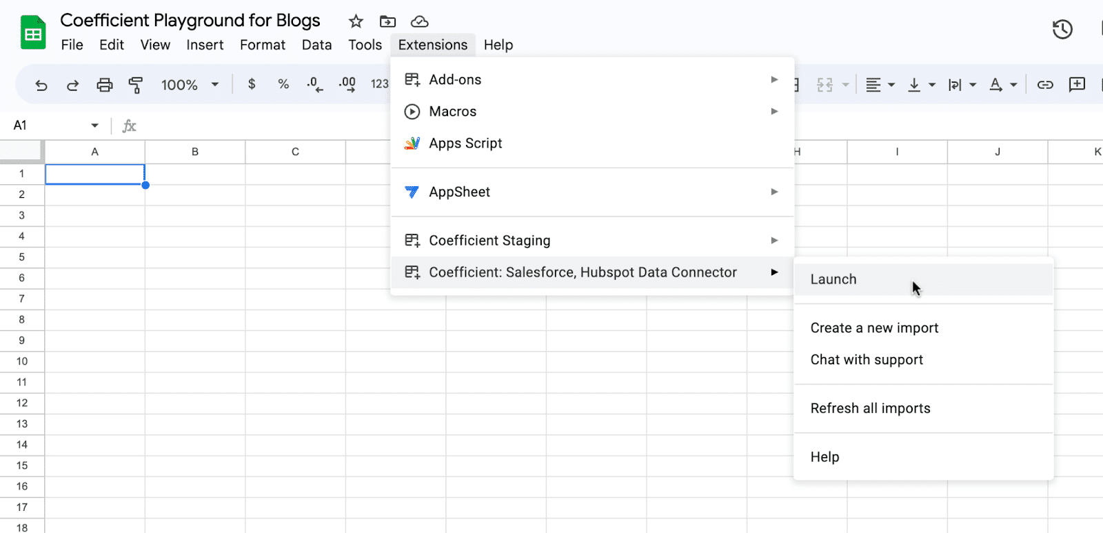 The Google Sheets menu with Coefficient listed under Extensions and the Launch option highlighted. 