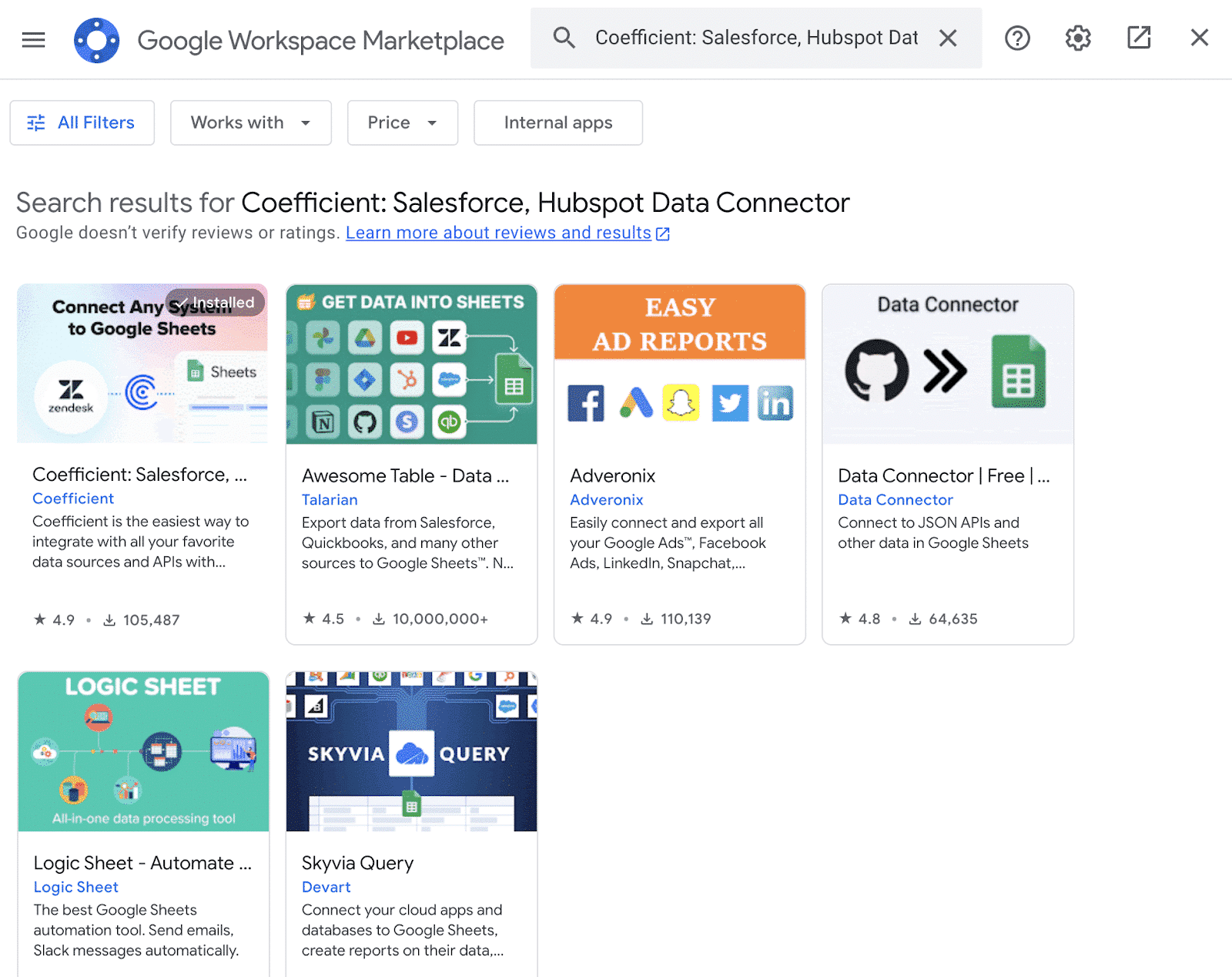 The Google Workspace Marketplace with Coefficient searched and the app highlighted. 