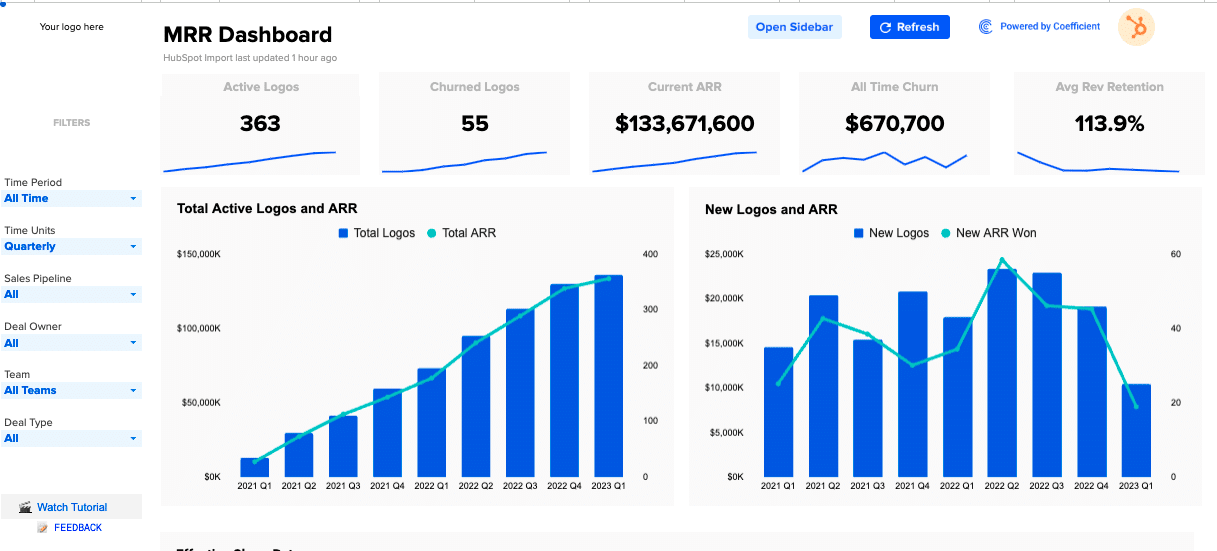 Coefficient's Monthly Recurring Revenue (MRR) template for calculating and analyzing MRR growth in a SaaS business.