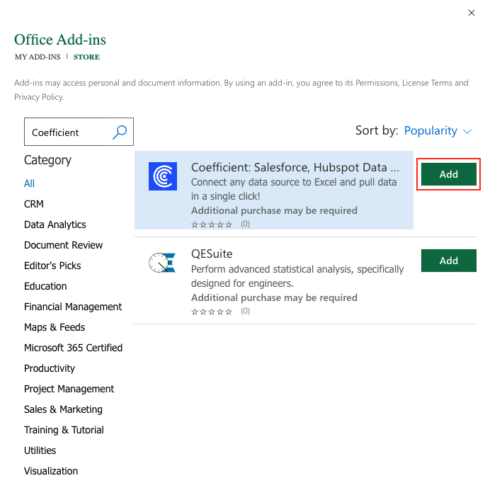 The Office Add-ins dialog with Coefficient searched and the app highlighted. 