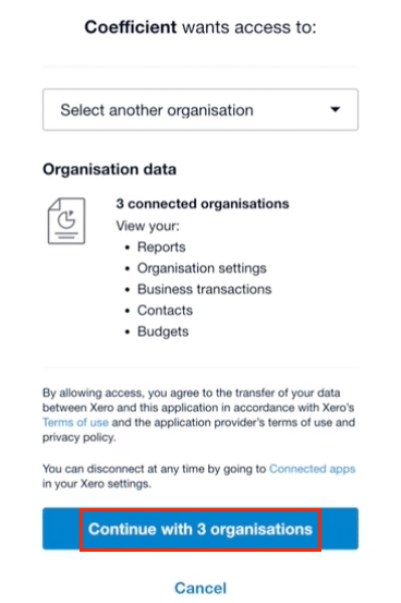 The Continue button highlighted after selecting a Xero organization in Coefficient.