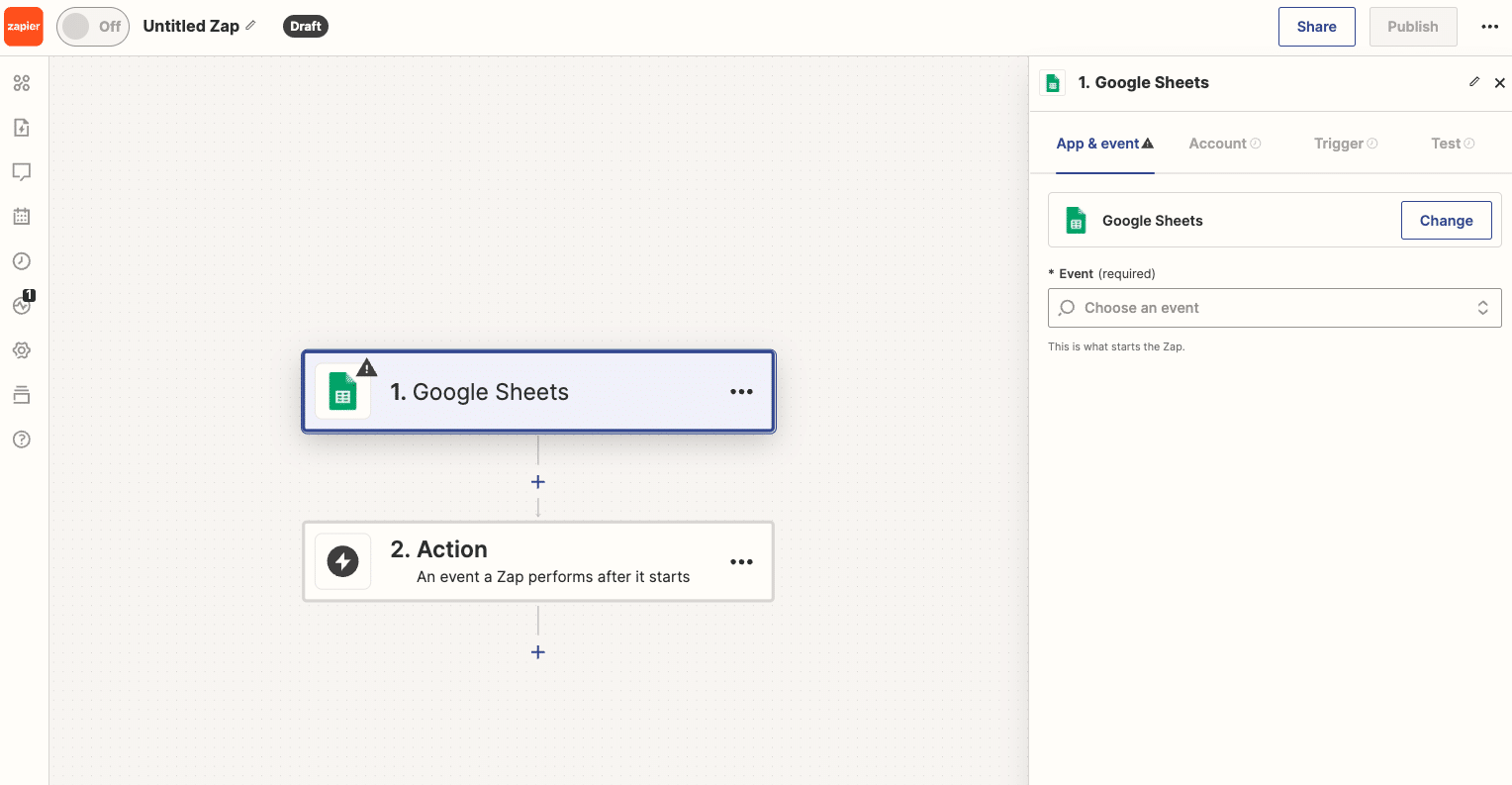 Creating a new Zap with Google Sheets as the trigger app.