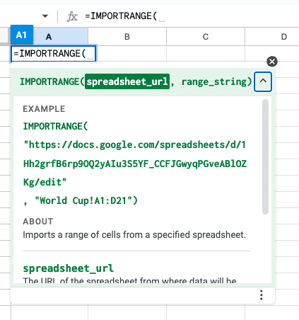 Describing the syntax of the IMPORTRANGE formula with its arguments: spreadsheet_url and range_string in Google Sheets.