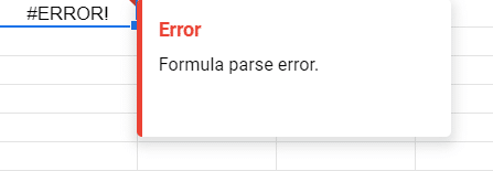  Detailing a Formula Parse Error due to missing quotation marks in the IMPORTRANGE formula syntax.