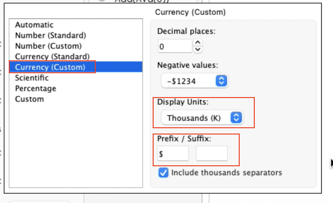 Format the Field to ‘Sales,’ and customizing the number format to display as currency.