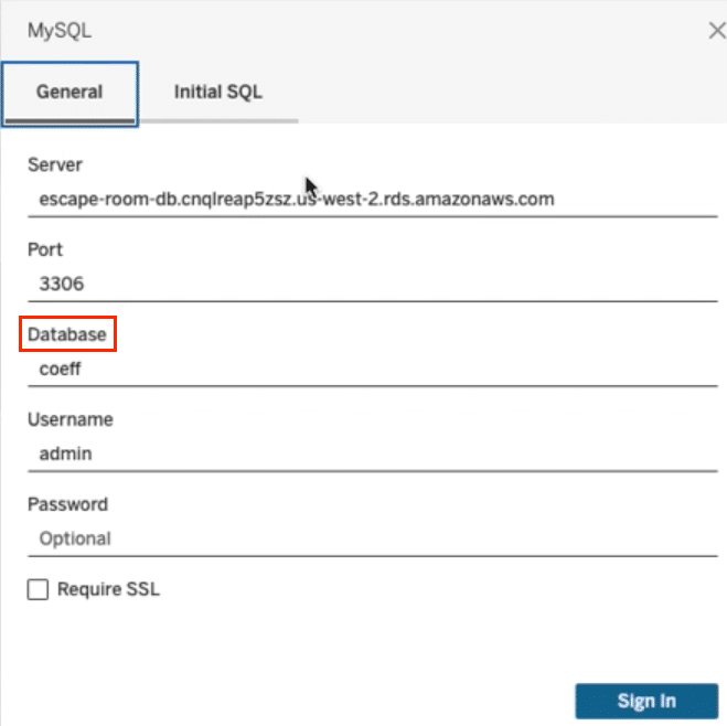 Specifying the target SQL Server database name in the Tableau connection dialog.