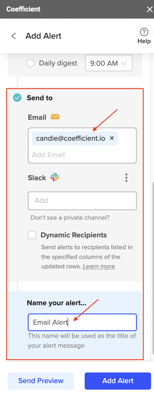 Entering email addresses for receiving automation notifications.