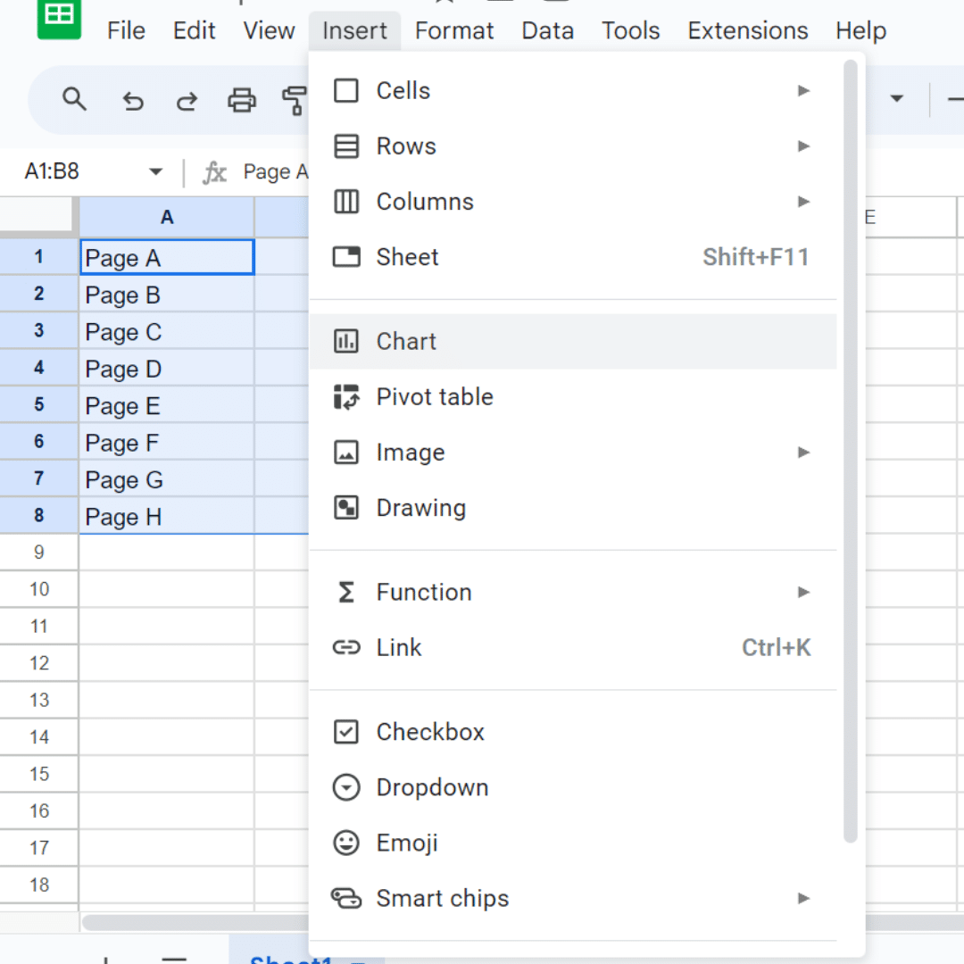 Click the Insert menu and choose Chart in Google Sheets