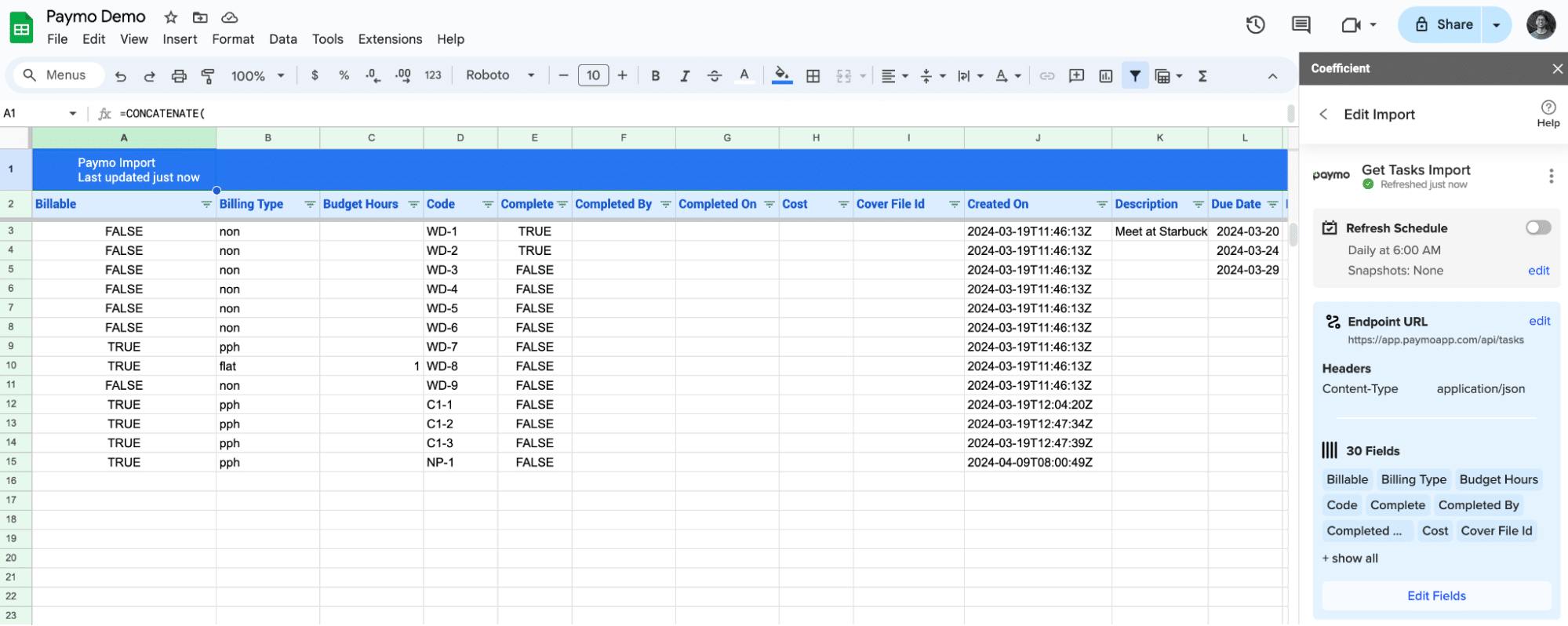 Paymo Tasks data in Google Sheets.