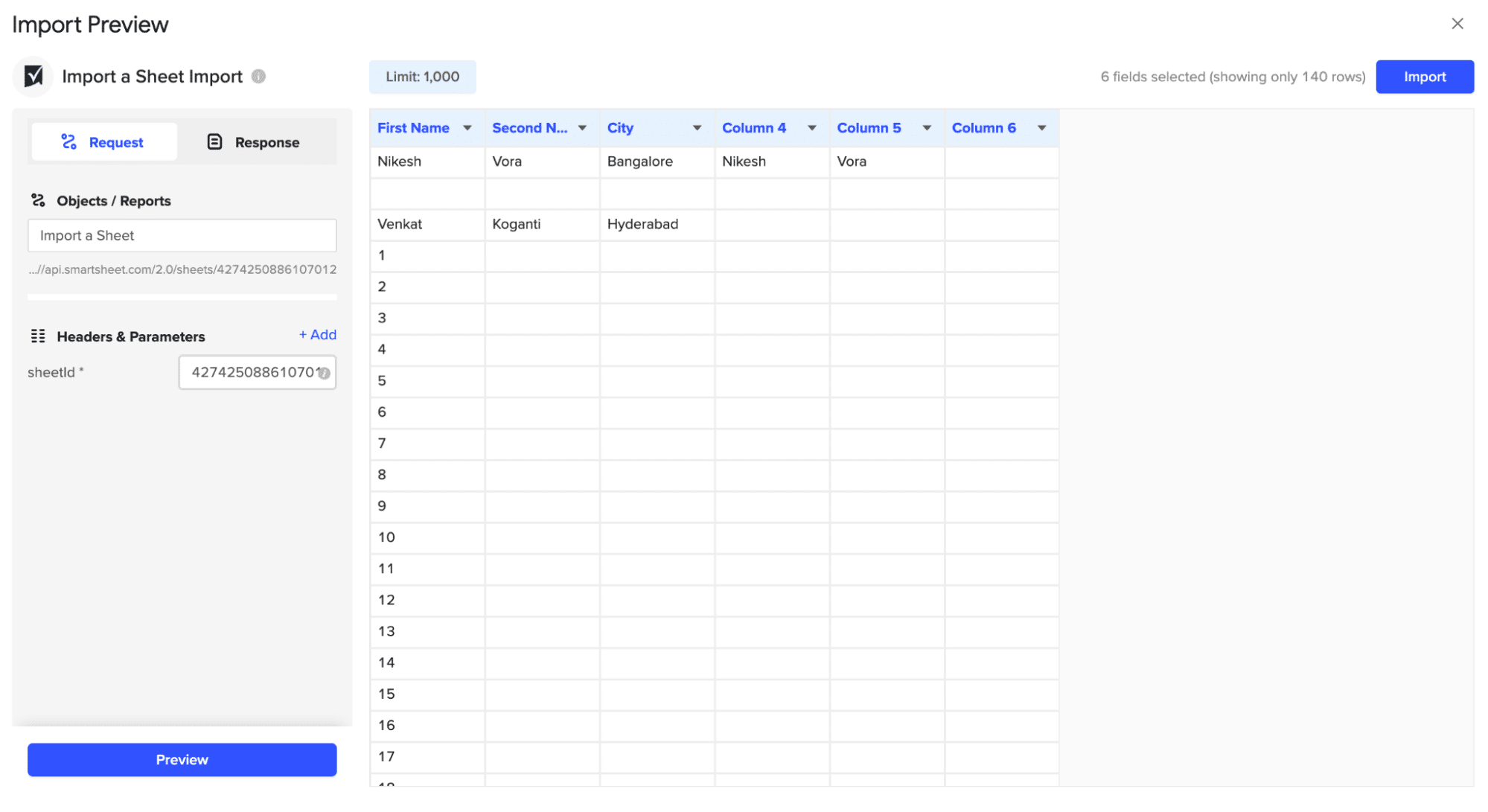 The Import button in the Coefficient sidebar for a Smartsheet report in Google Sheets