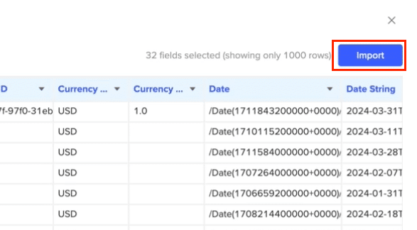 The Import button in the Coefficient sidebar for Xero Invoices in Excel.