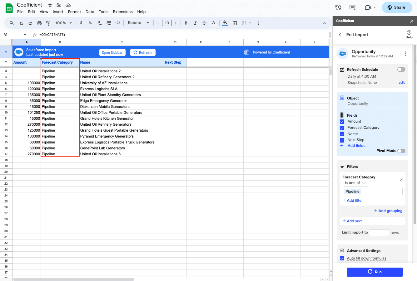  Importing a data set into a Google Sheets spreadsheet linked to a pie chart.
