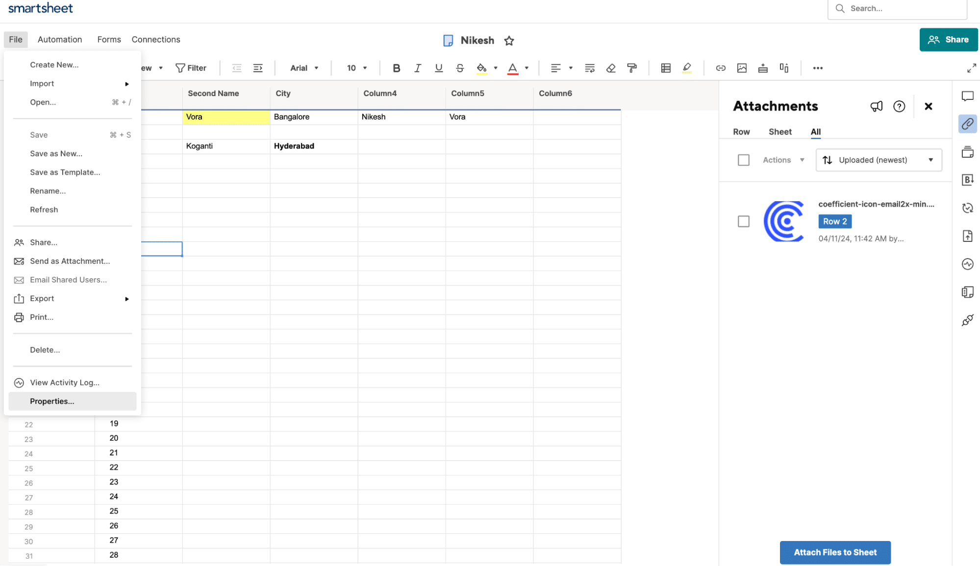 Process of importing a Smartsheet by copying and pasting the Sheet ID into Coefficient in Google Sheets.