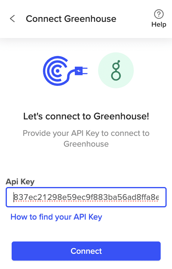  Inputting Greenhouse API key in Coefficient and completing connection in Excel.