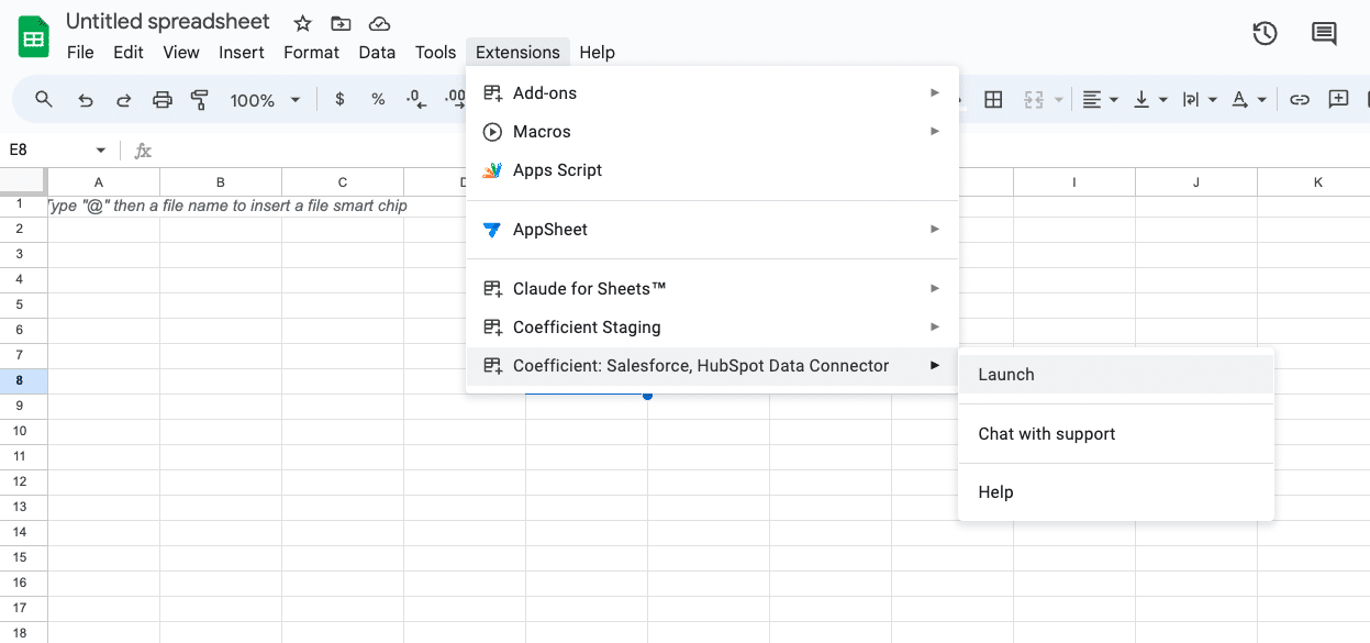  Launching the Coefficient extension from the Extensions menu in an application.