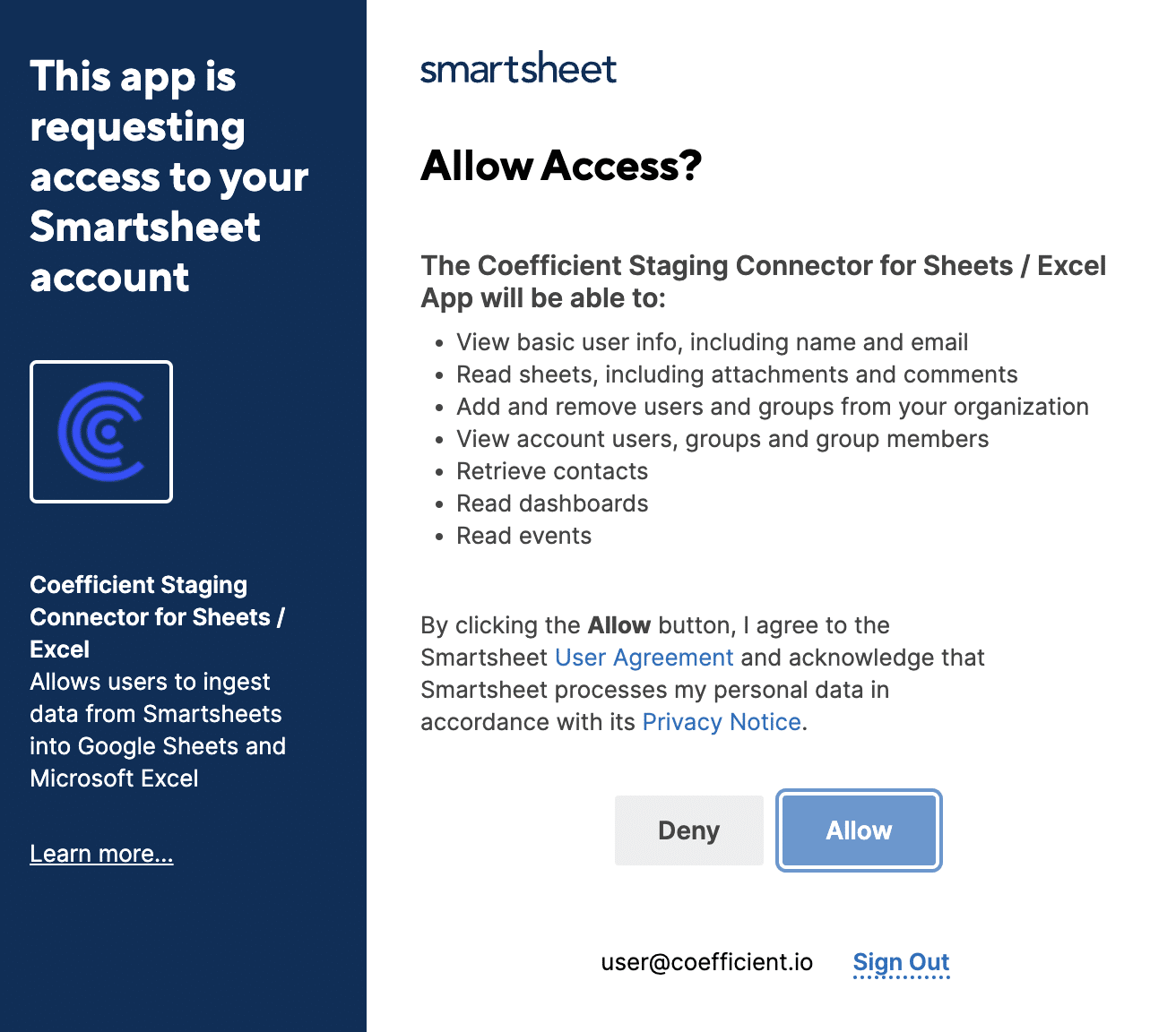 Logging into the Smartsheet account to allow Coefficient access in Google Sheets.
