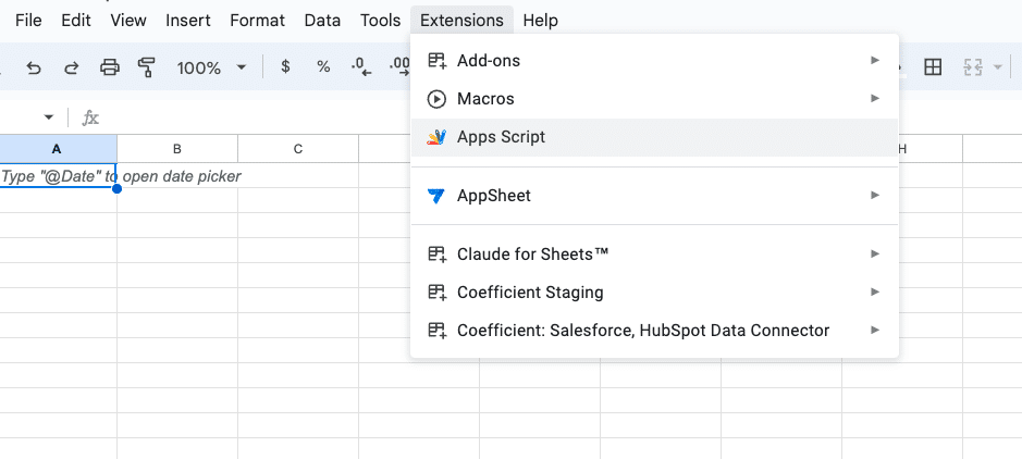 Navigating to the script editor in Google Sheets to write email scripts.