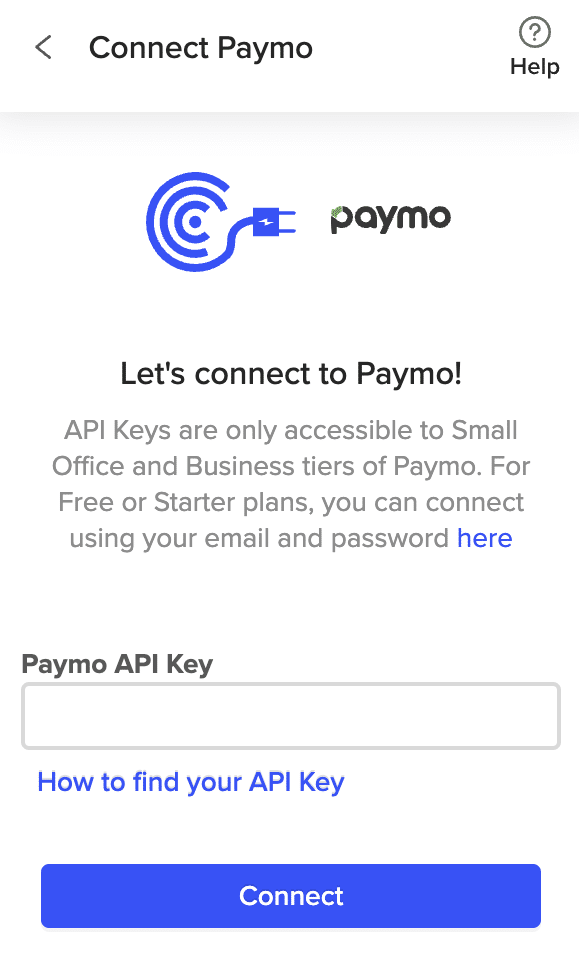 Entering Paymo API Key to connect in the Coefficient sidebar in Excel. 