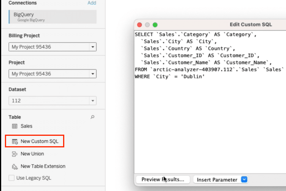 Opening the custom SQL editor in Tableau to refine the imported SQL Server data.