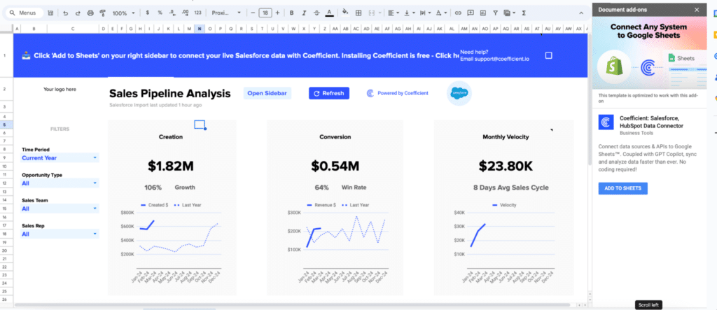 New spreadsheet dashboard opening in Google Sheets for Coefficient.