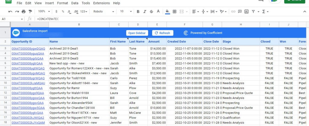 Navigating to Salesforce Import tab in spreadsheet to refresh data.