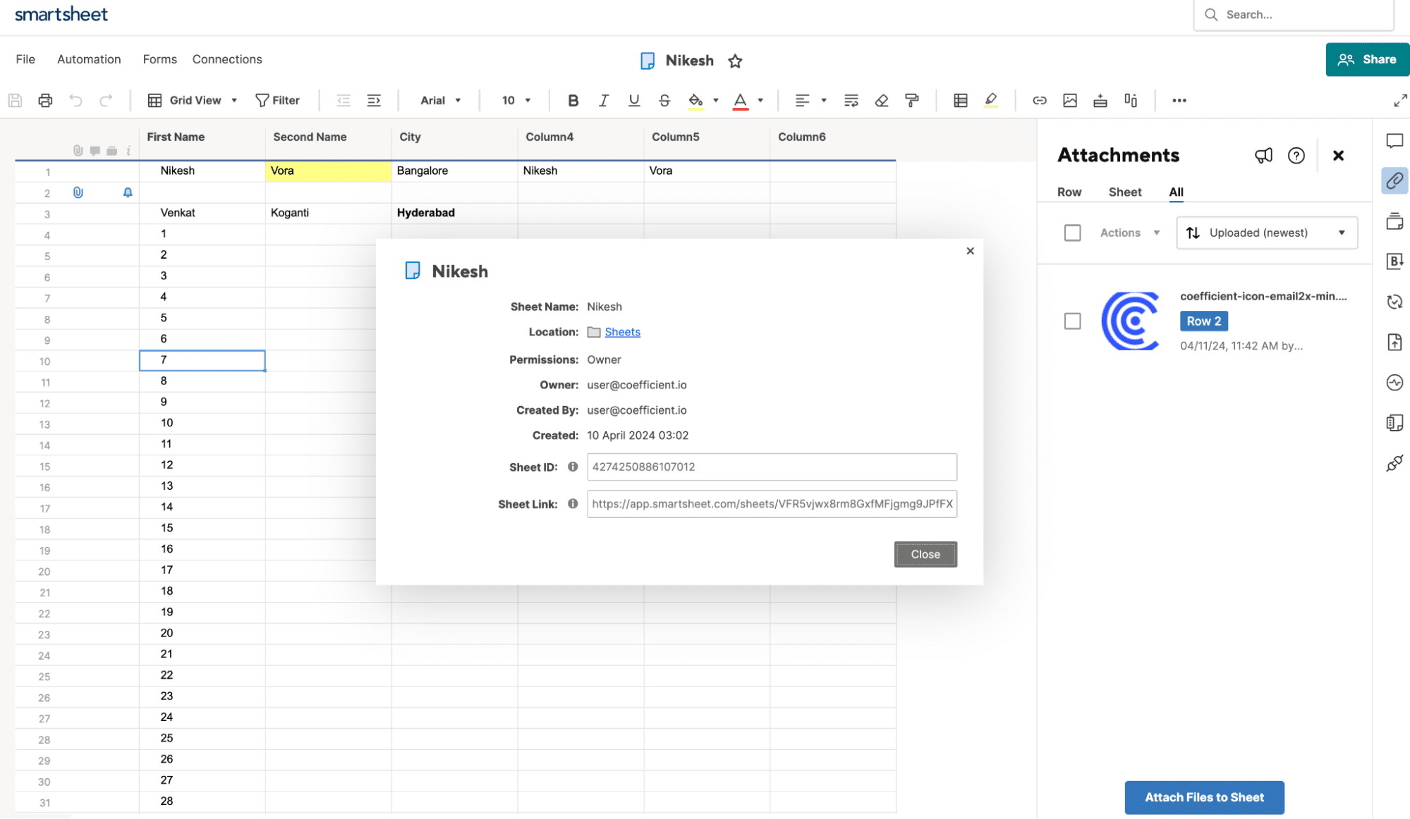 The Report ID field populated in the Coefficient sidebar for importing a Smartsheet report in Google Sheets