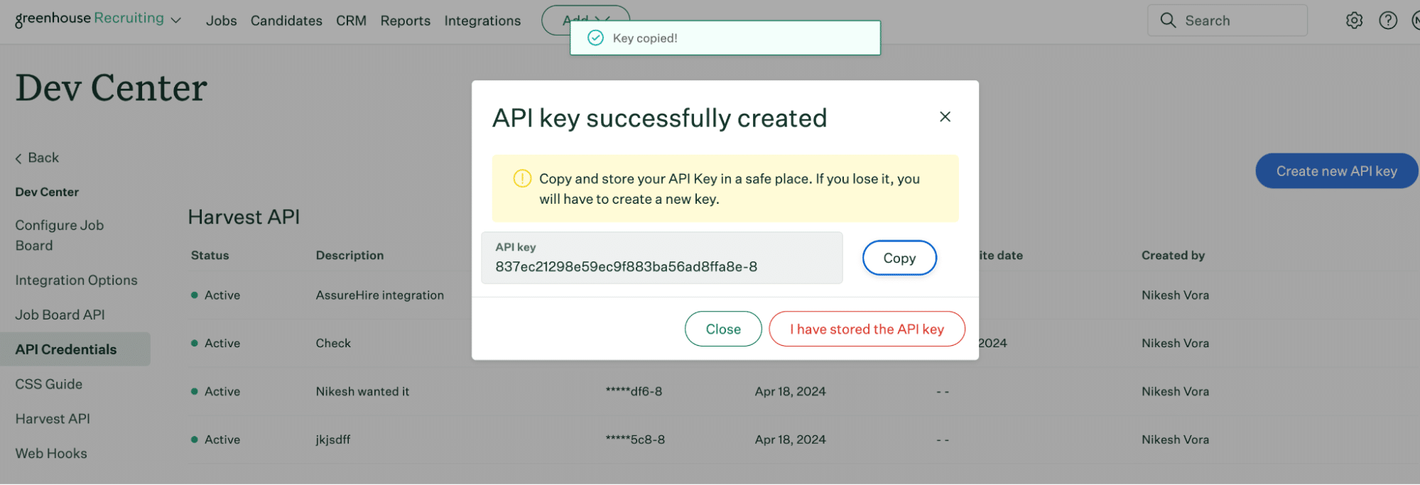 Saving updated permissions and finalizing API key creation in Greenhouse 