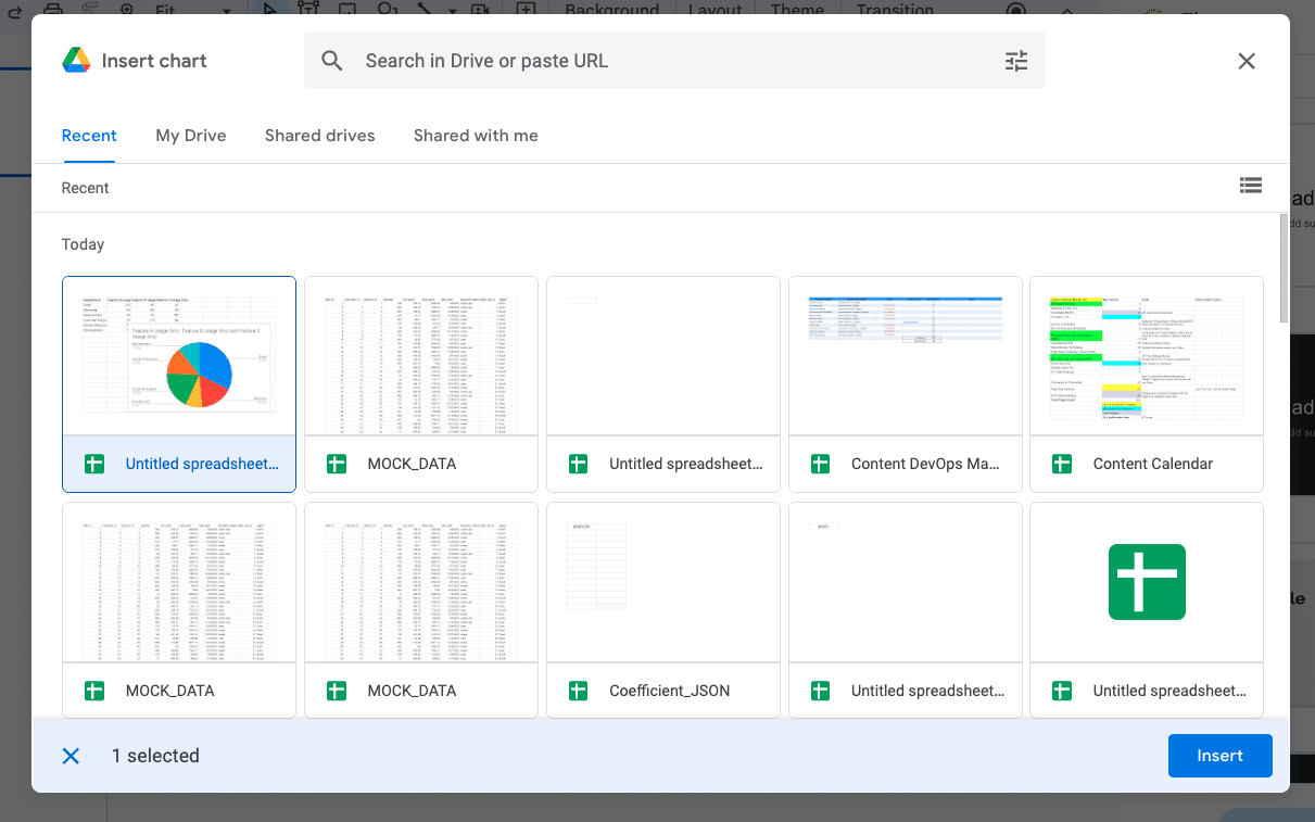 Selecting a Google Sheets file and specific pie chart to embed in Google Slides.