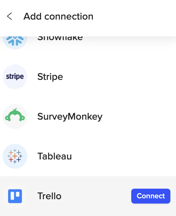 Selecting Trello from the dropdown menu and clicking 'Connect' in Google Sheets.
