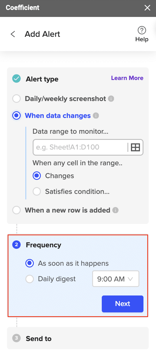 Setting the notification frequency options for automation triggers.