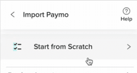 Selecting 'Start from Scratch' option in Coefficient after connecting to Paymo in Excel. 