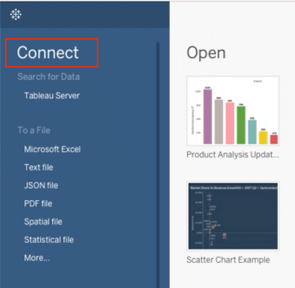 The Connect pane in Tableau Desktop where users can select their data source.