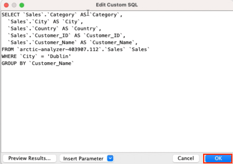 Create a new table in Tableau based on your custom SQL query by clicking "OK".