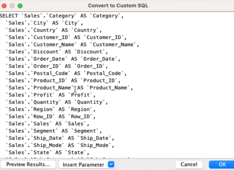 Pick the columns or data you want to include in your custom SQL query within the editor.