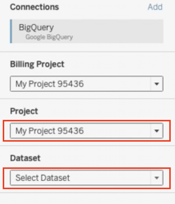 Choose the project and dataset that houses the table you want to query using SQL in Tableau.