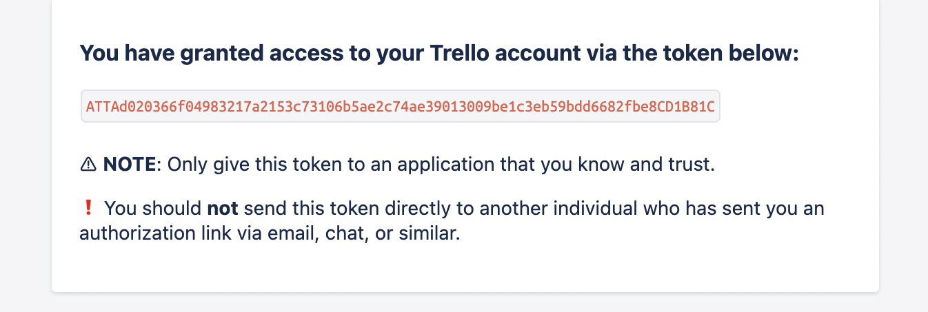 The Trello token copied before pasting into Excel. 