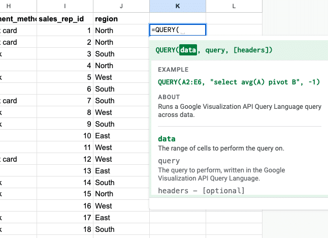 yping and executing the QUERY function in Google Sheets using a named data range.