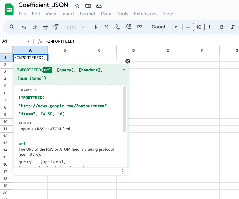 Using the =ImportData() function to fetch JSON data from a public API in Google Sheets.