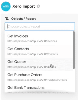 The list of available Xero endpoints in the Coefficient sidebar.
